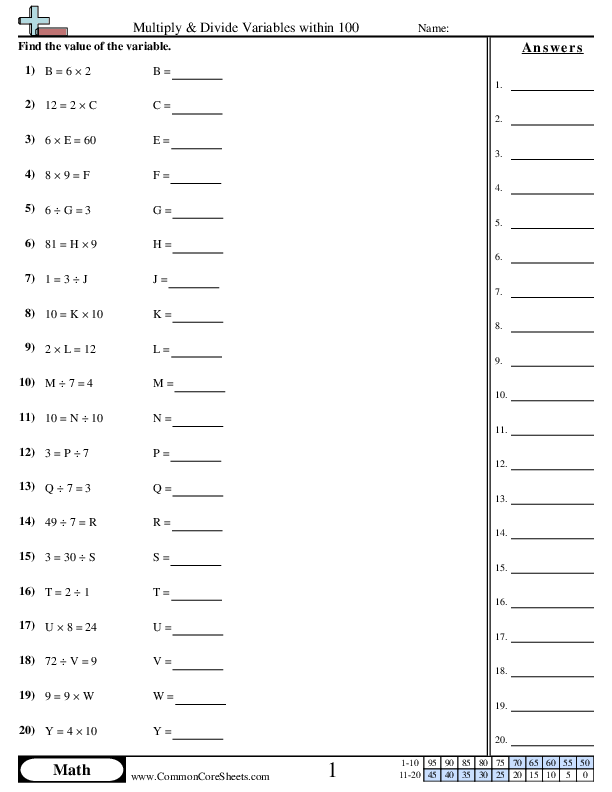 3.oa.7 Worksheets - Multiply & Divide within 100 worksheet